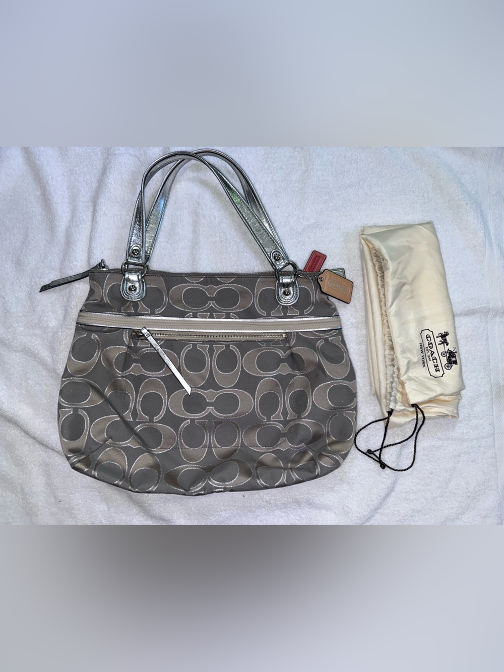 Coach Taupe Signature Tote with Metallic Silver Straps